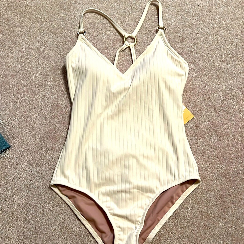 Kona Sol one piece swimsuit, cream color,  ribbed, tie back, lightly padded bra